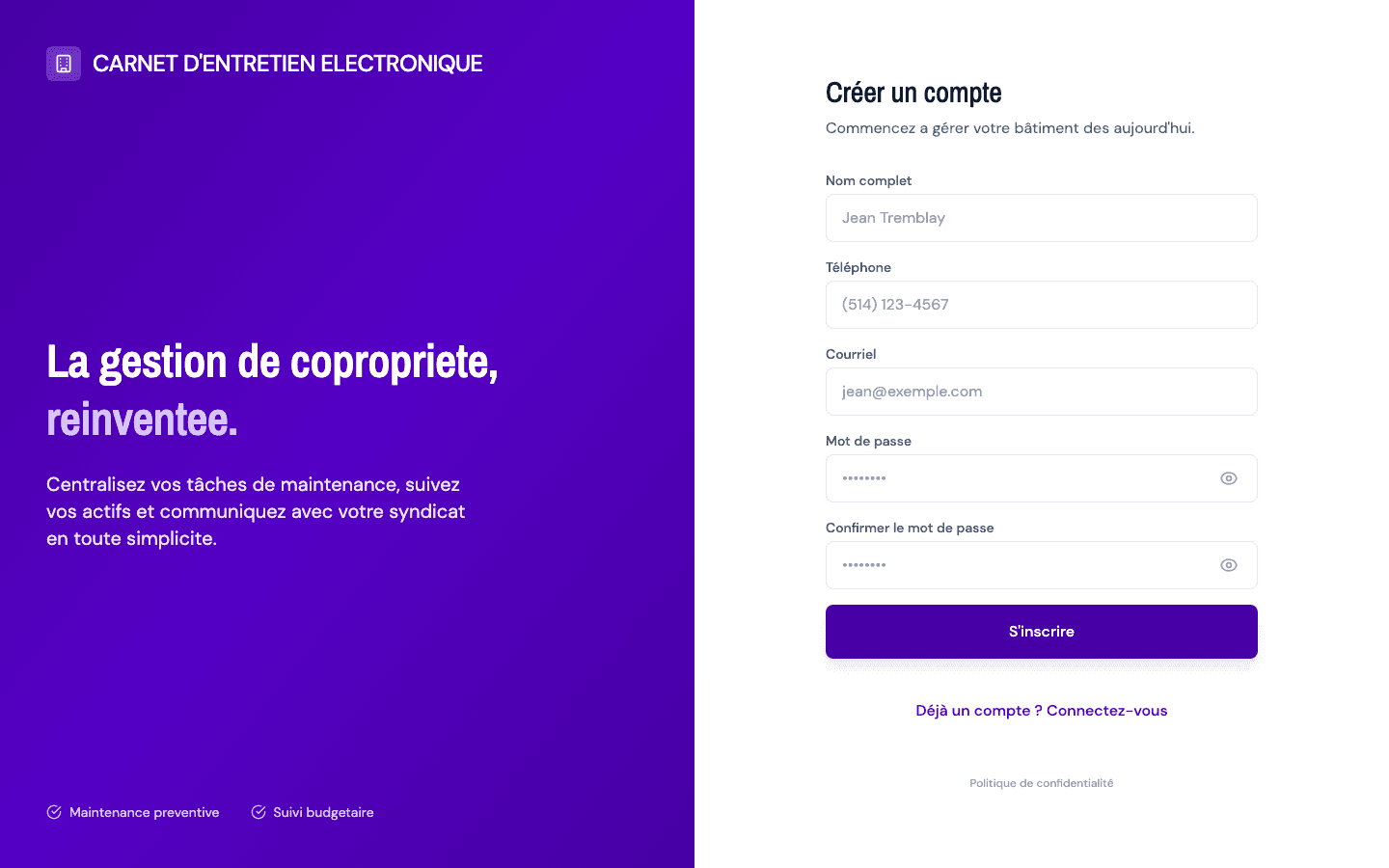 Vue d'inscription : champs Nom complet, Téléphone, Courriel, Mot de passe et Confirmation du mot de passe.