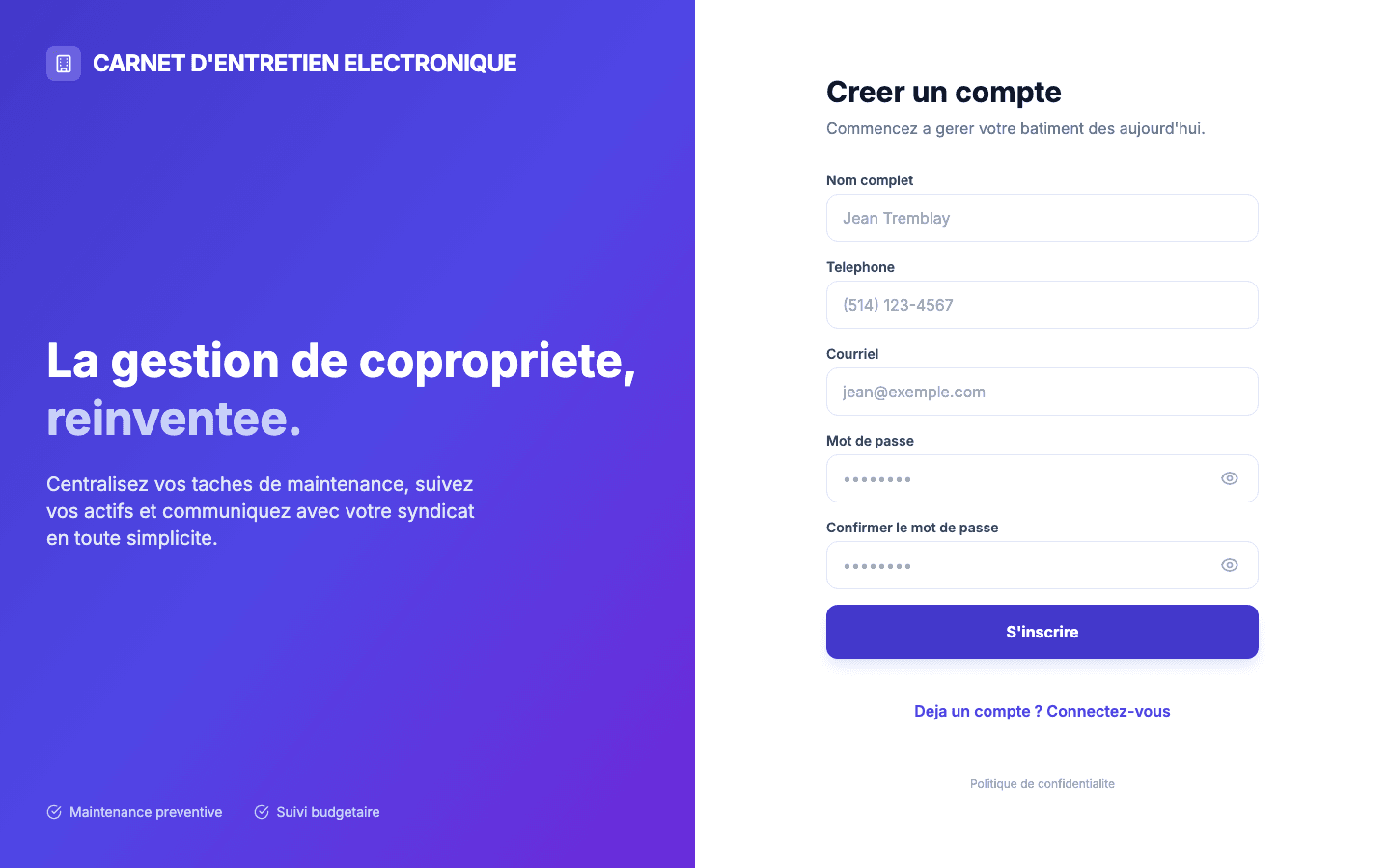 Vue d'inscription : champs Nom complet, Téléphone, Courriel, Mot de passe et Confirmation du mot de passe.