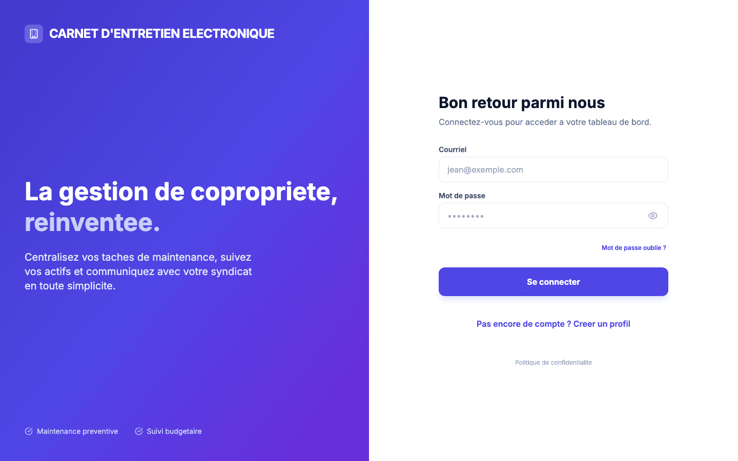 Vue de connexion : champs Courriel et Mot de passe, lien « Mot de passe oublié » et bascule « S'inscrire ».