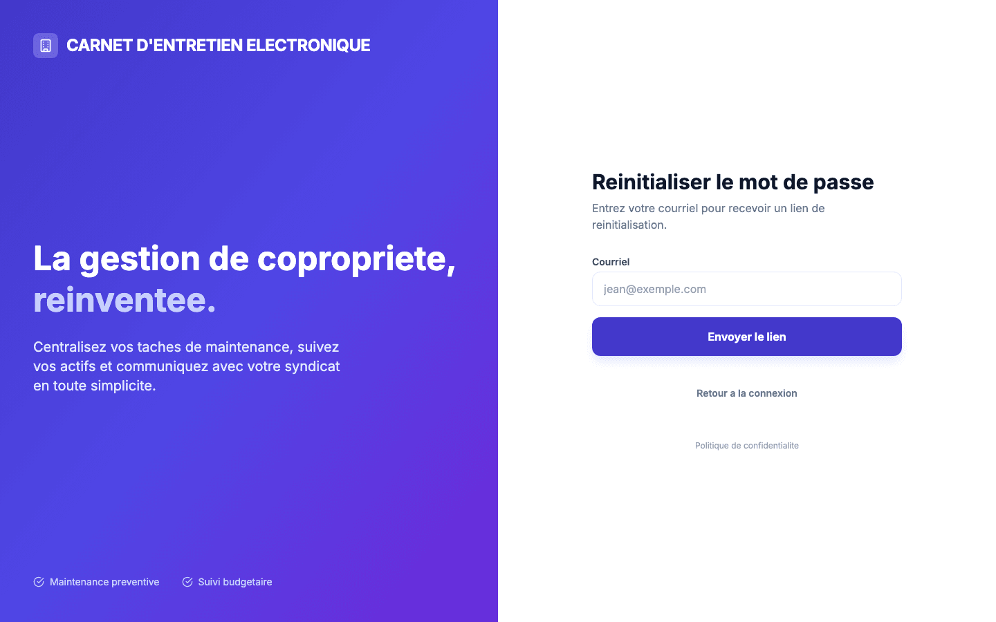 Vue « Mot de passe oublié » : un seul champ Courriel et le bouton « Envoyer le lien ».