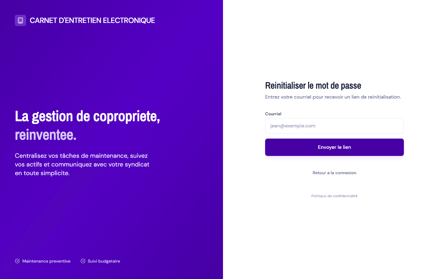 Vue « Réinitialiser le mot de passe » : un seul champ Courriel et le bouton « Envoyer le lien ».