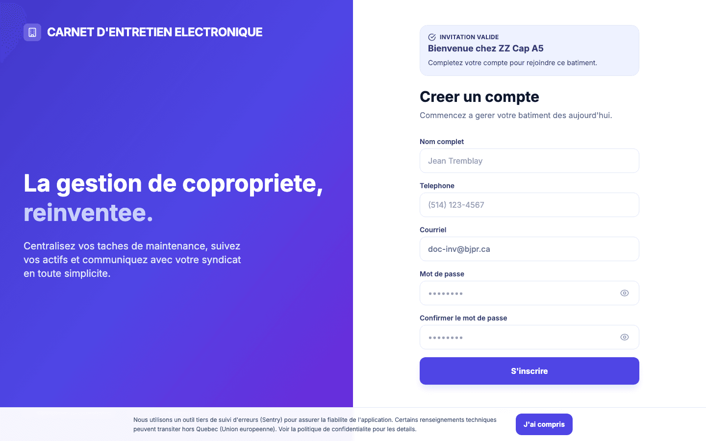 Mode complétion : bannière verte d'invitation valide, courriel pré-rempli, champs Nom, Téléphone, Mot de passe et Confirmation.