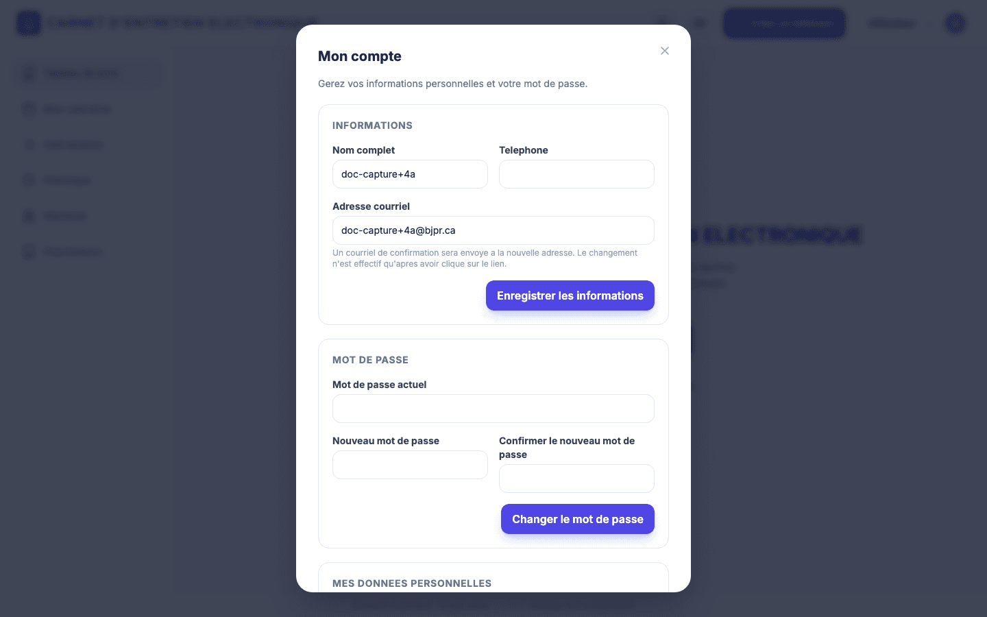 Fenêtre « Mon compte » : la section Mot de passe est visible sous la section Informations.