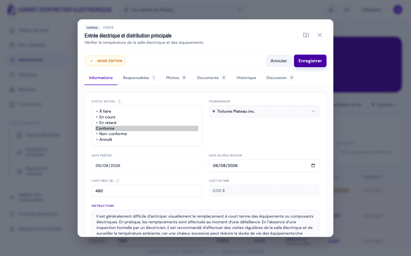 Menu Statut avec le statut Conforme sélectionné.