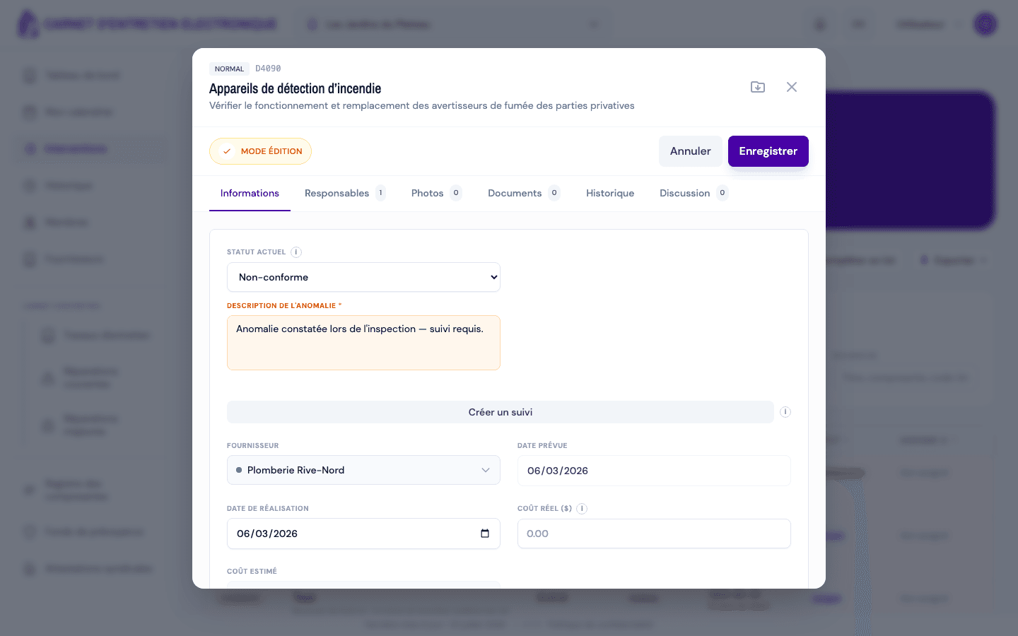 Statut Non-conforme sélectionné avec la zone « Description de l'anomalie ».