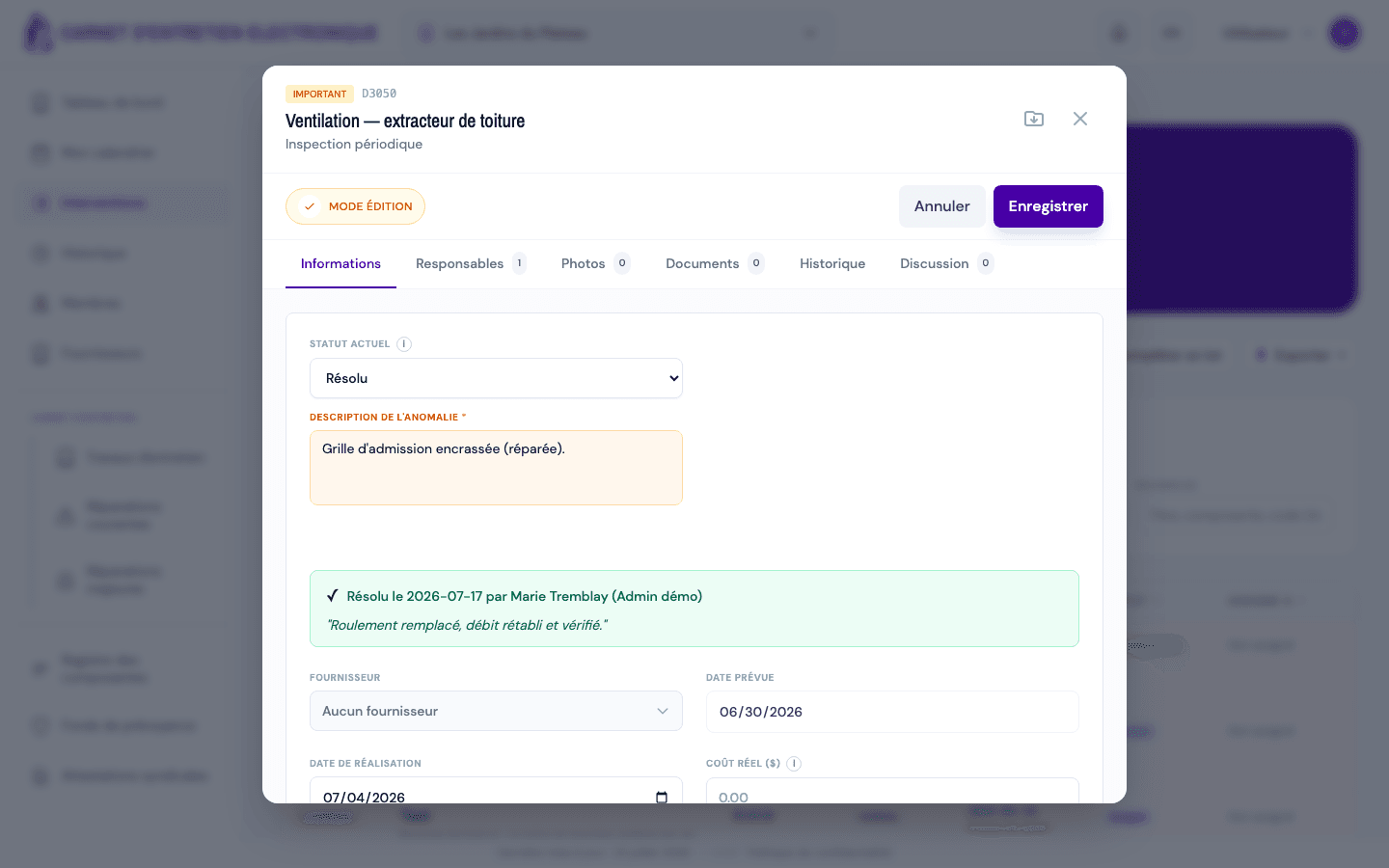 Mode édition : le menu Statut affiche « Résolu ».