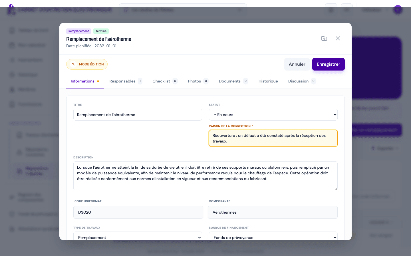 Champ « Raison de la correction » sur un travail terminé.