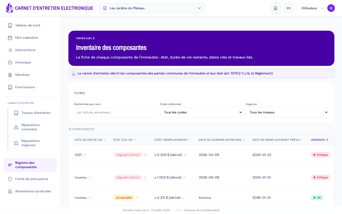 Inventaire des composantes avec badges d'urgence.