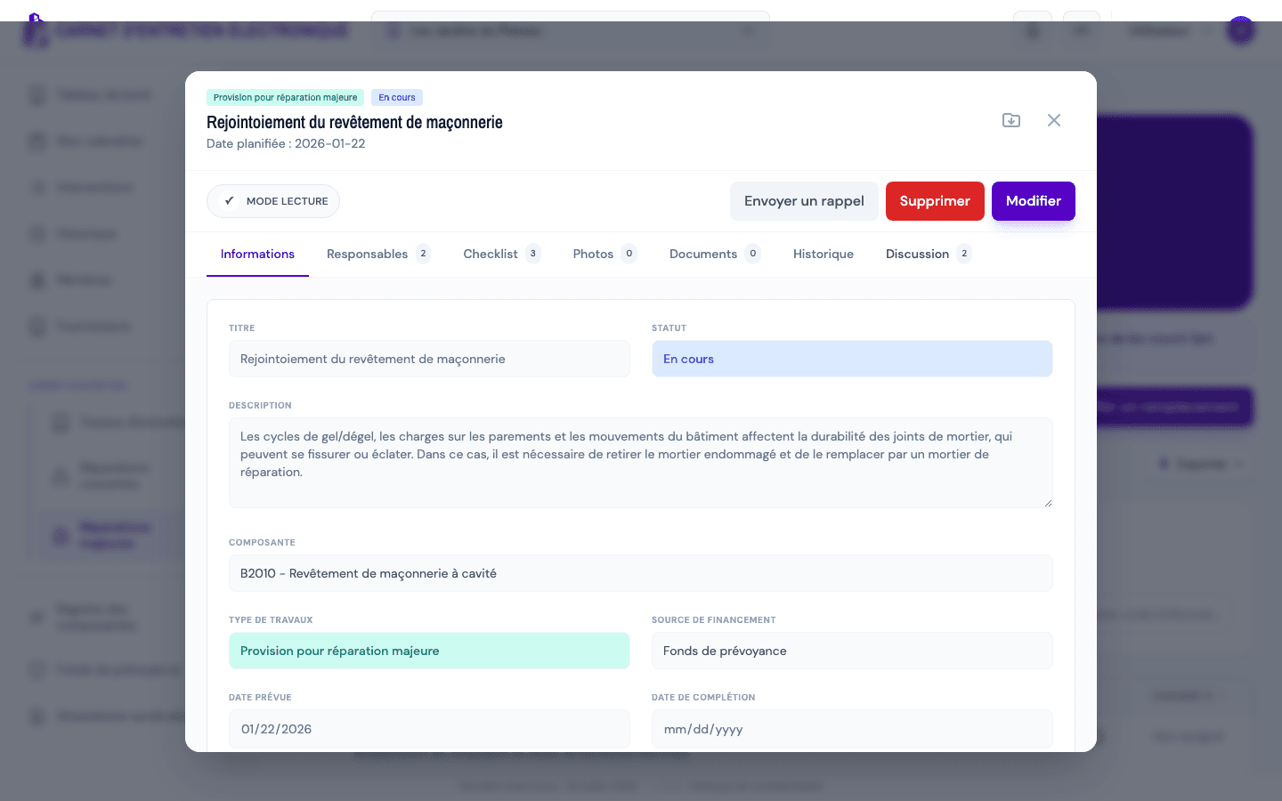 Un remplacement majeur planifié dans le logiciel Carnet Condo, avec coût estimé et fonds de prévoyance comme source de financement