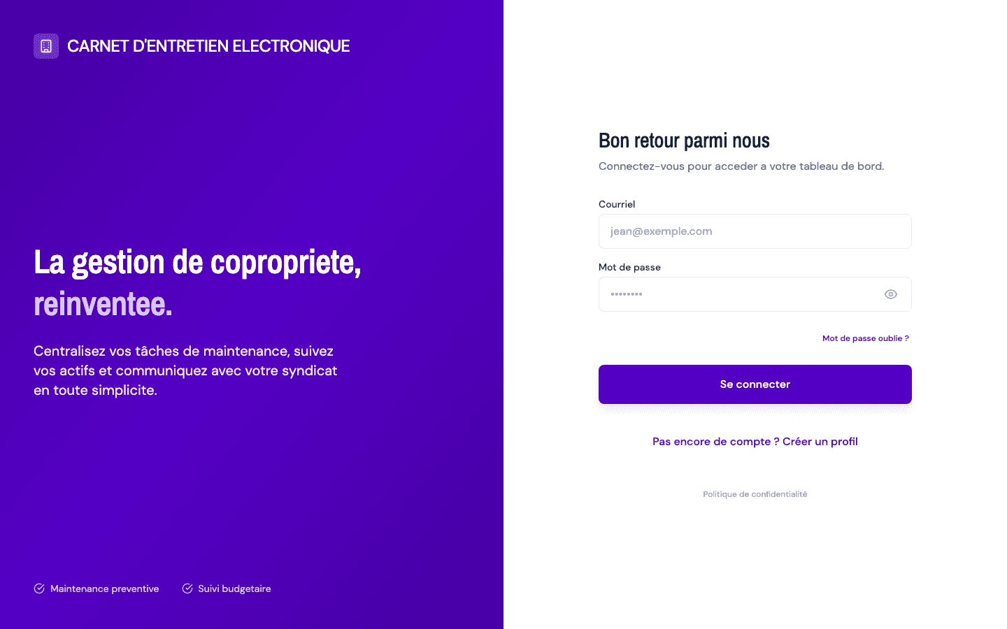Vue de connexion : champs Courriel et Mot de passe, lien « Mot de passe oublié ? » et bascule « Pas encore de compte ? Créer un profil ».