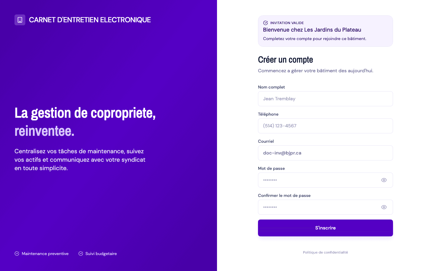 Mode complétion : bannière verte d'invitation valide, courriel pré-rempli, champs Nom, Téléphone, Mot de passe et Confirmation.