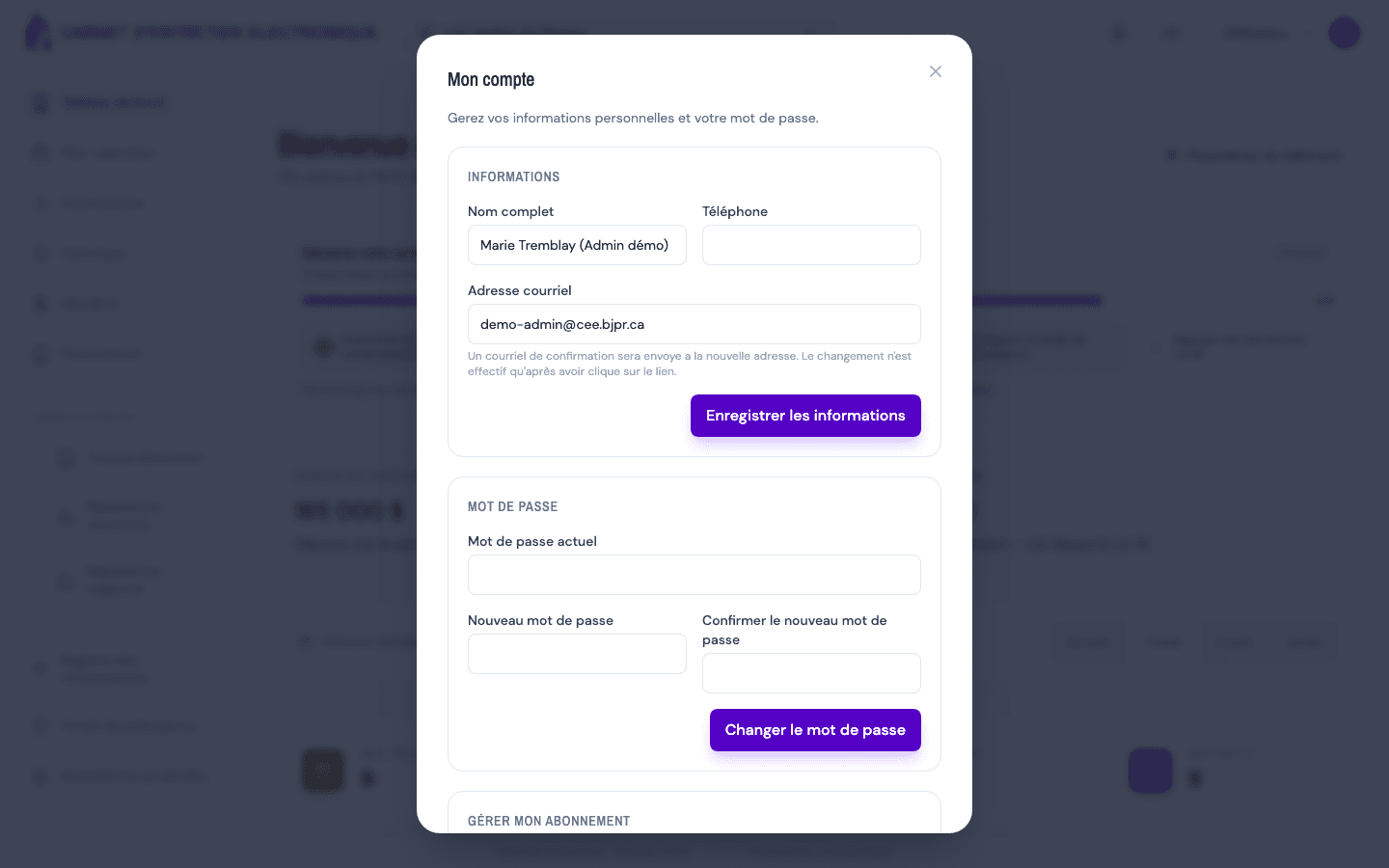 Section Informations : champs Nom complet, Téléphone, Courriel et bouton Enregistrer.