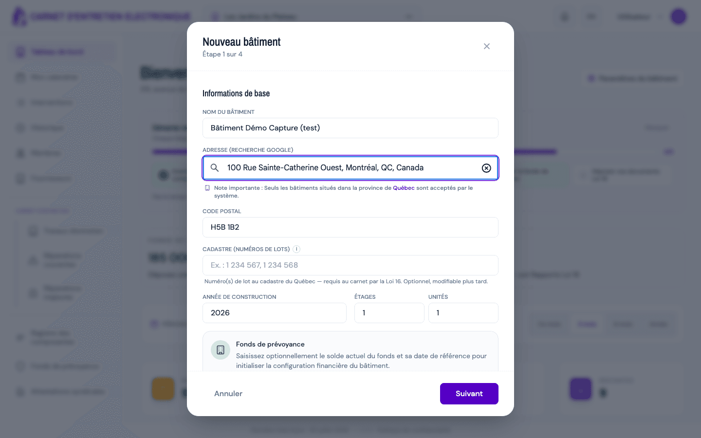 Étape 1 de l'assistant : champs Nom du bâtiment, Adresse, Code postal et encart Fonds de réserve.