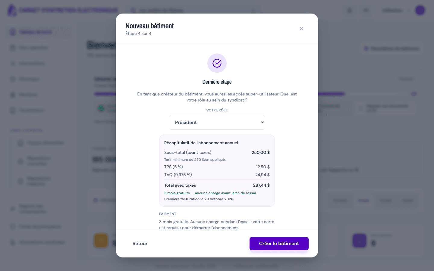 Étape 4 de l'assistant : sélecteur de rôle, récapitulatif de prix et formulaire de carte de paiement.