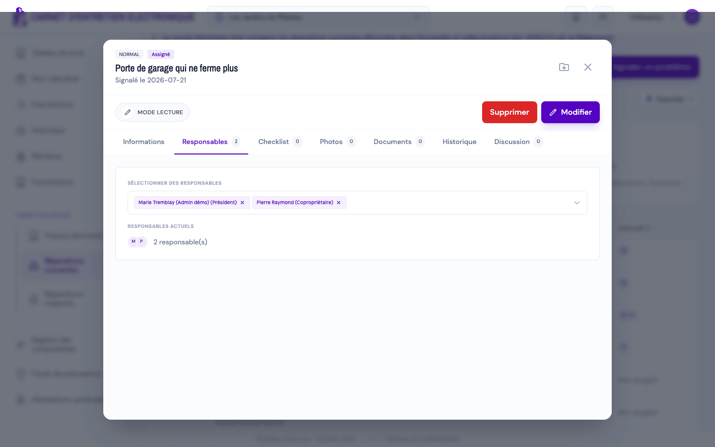 Onglet Responsables d'une réparation courante.