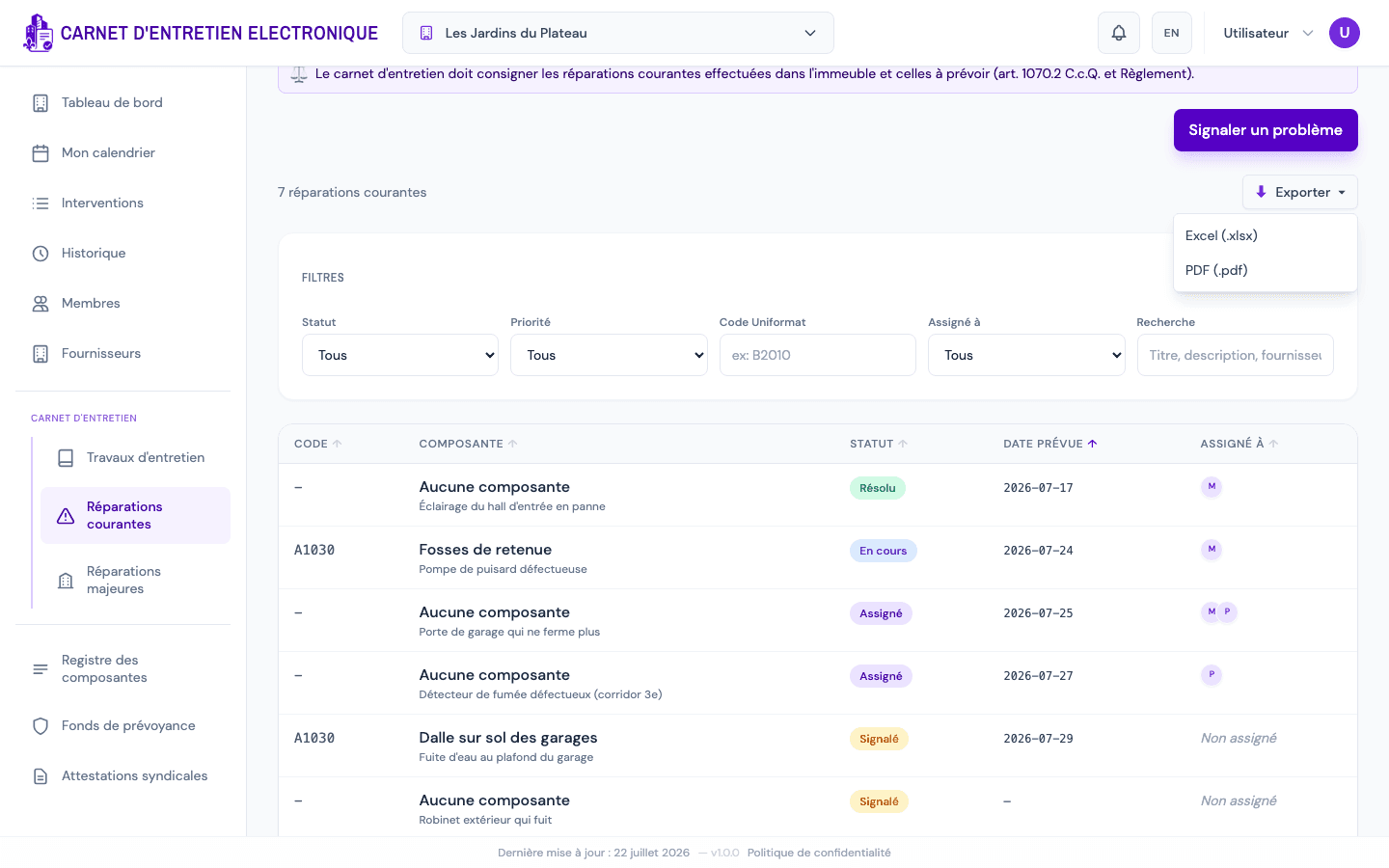 Menu Exporter avec les options Excel et PDF.