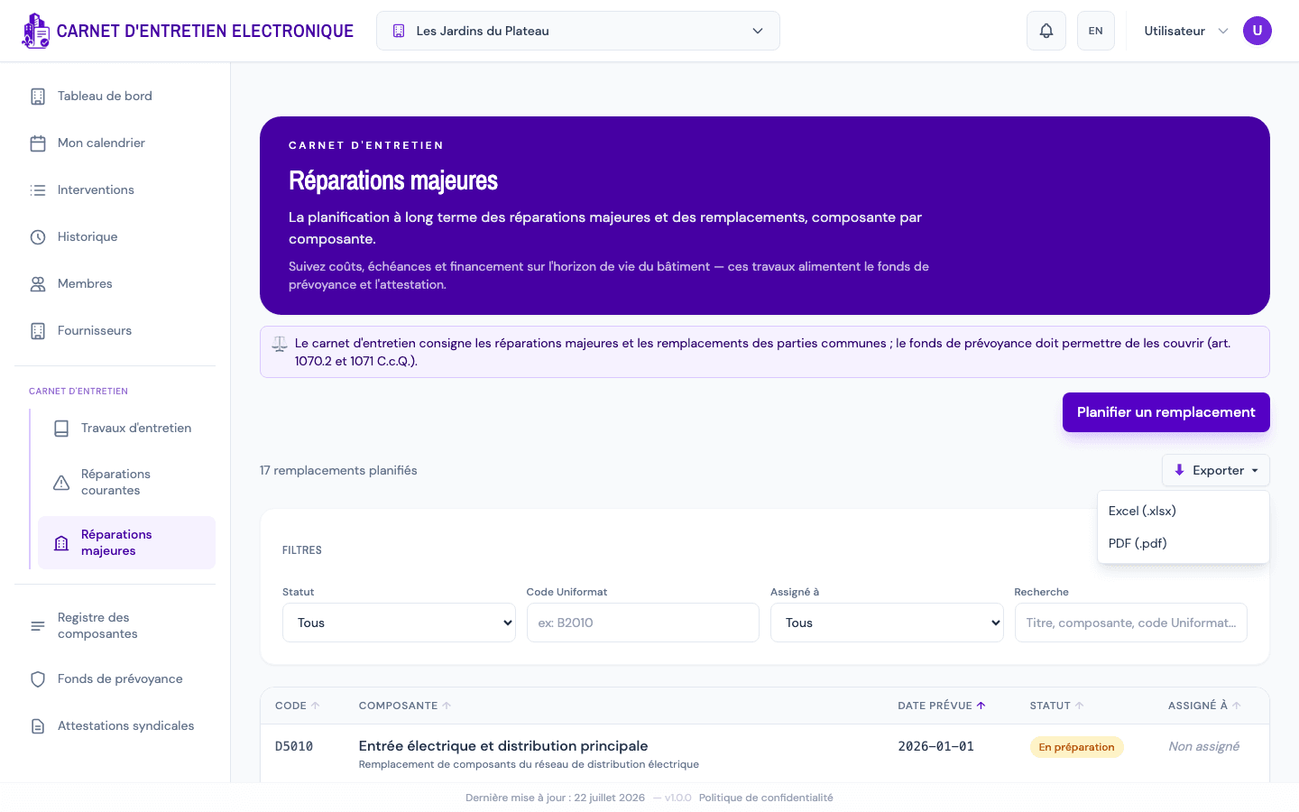 Menu Exporter avec les options Excel et PDF.