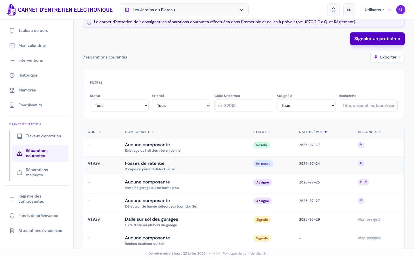 Liste des travaux correctifs : signalements avec statut (signalé, assigné, en cours, résolu), date prévue et responsable
