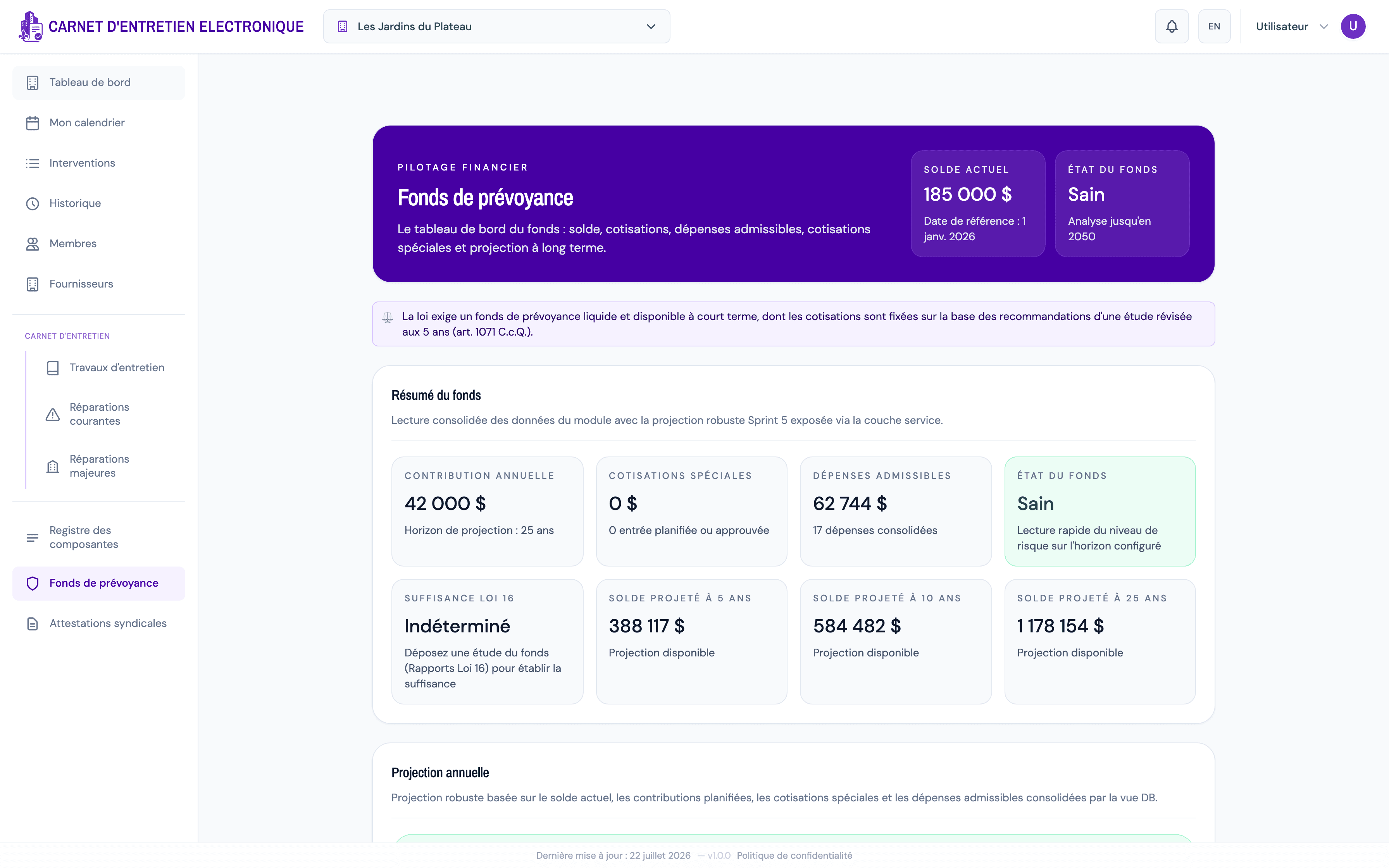 Vue du fonds de prévoyance dans Carnet Condo : solde actuel de 185 000 $, état du fonds et soldes projetés à 5, 10 et 25 ans
