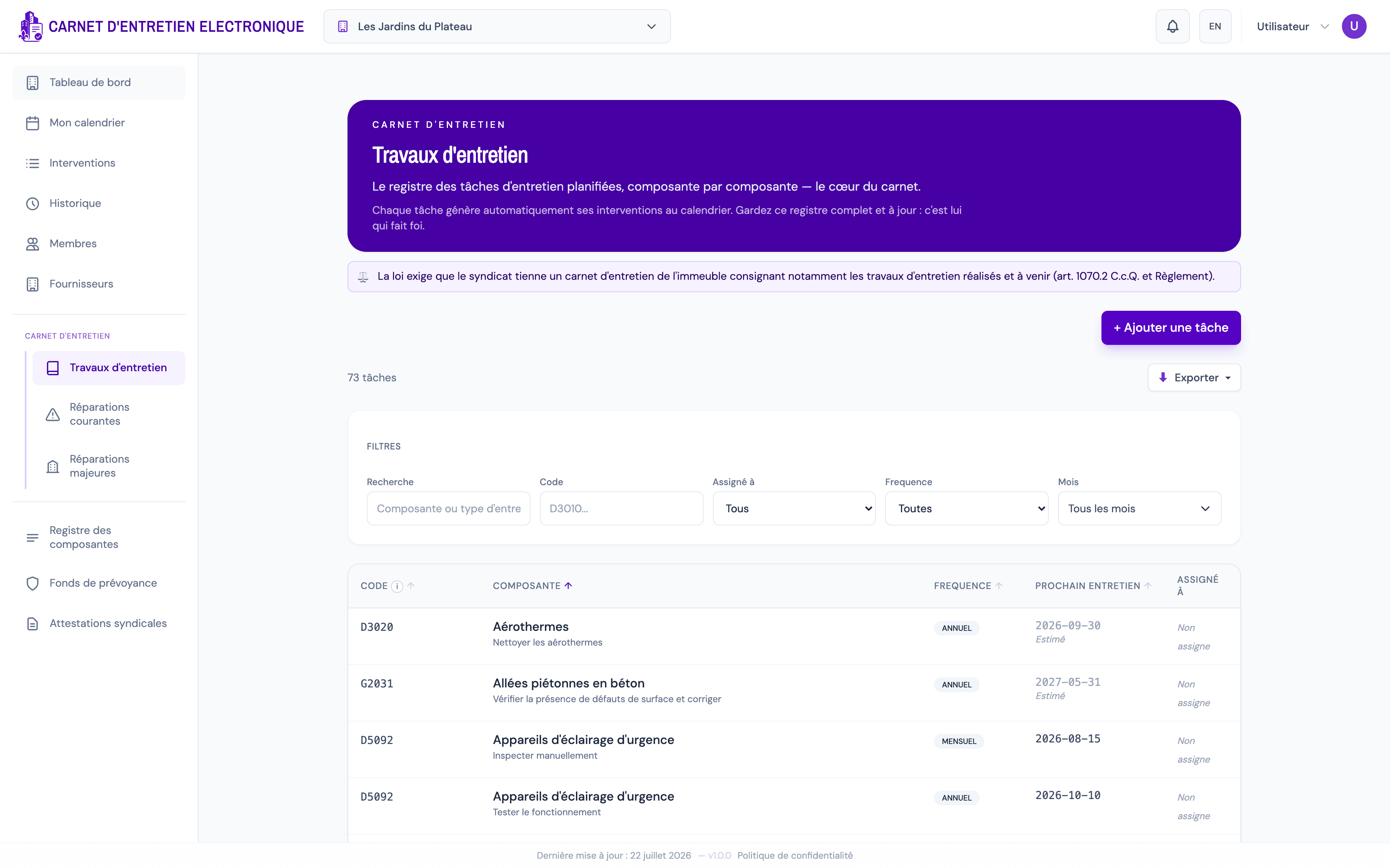 Le carnet d'entretien dans l'application Carnet Condo : registre de 73 tâches de maintenance avec codes Uniformat, fréquences, prochain entretien et responsables