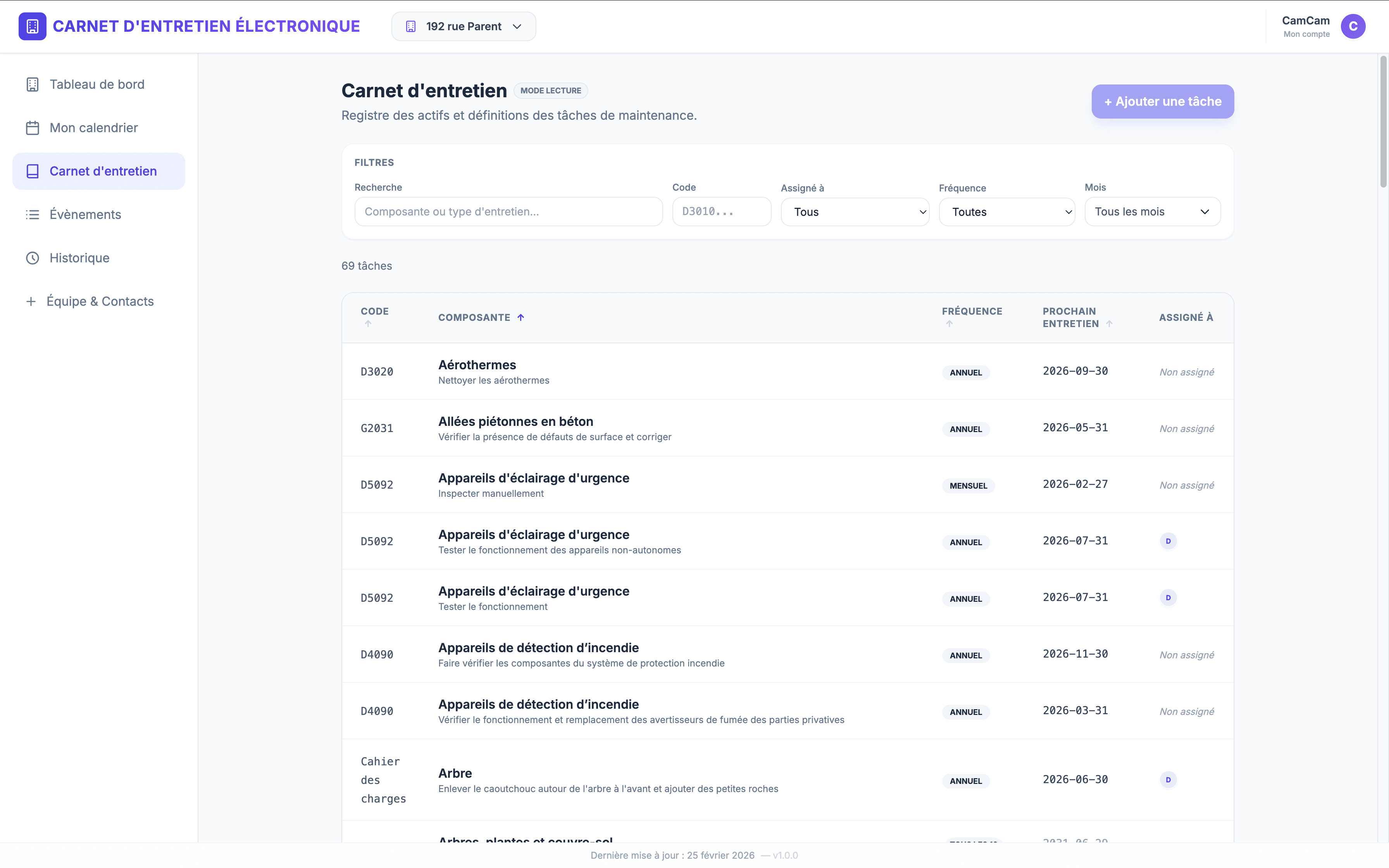 Registre de maintenance du CEE