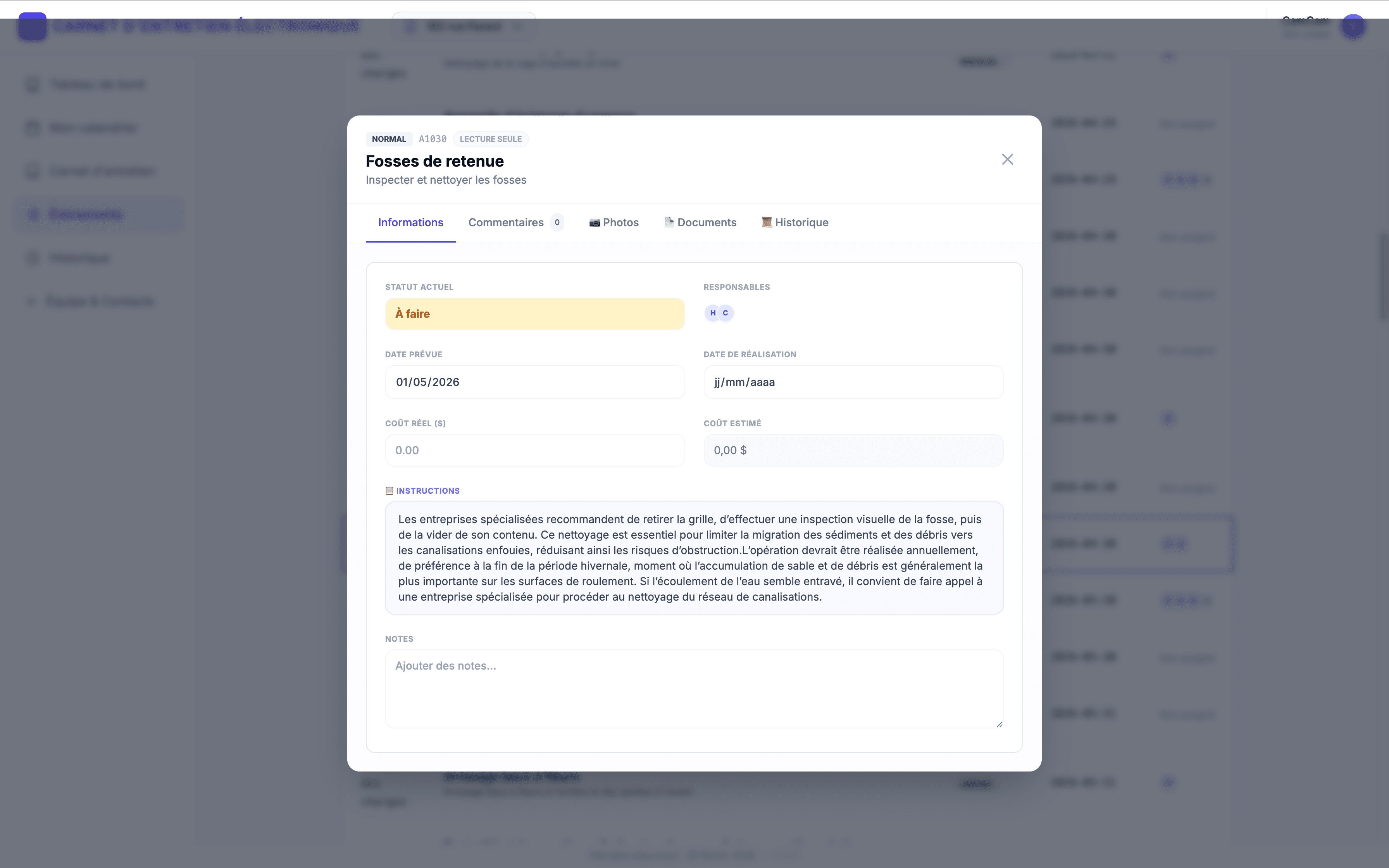 Détails d'une tâche de maintenance